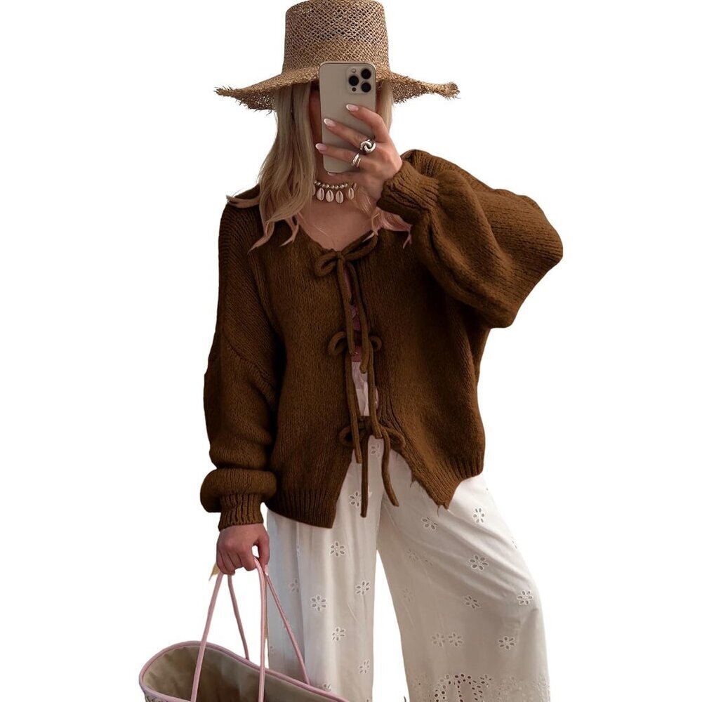 Women Knit Sweater Cardigan Oversized Bowtie V-Neck Long Sleeve Casual
